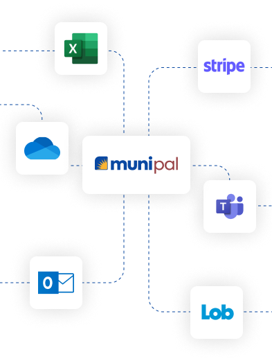 Munipal connects with excel, outlook, onedrive, microsoft teams, stripe and Lob.